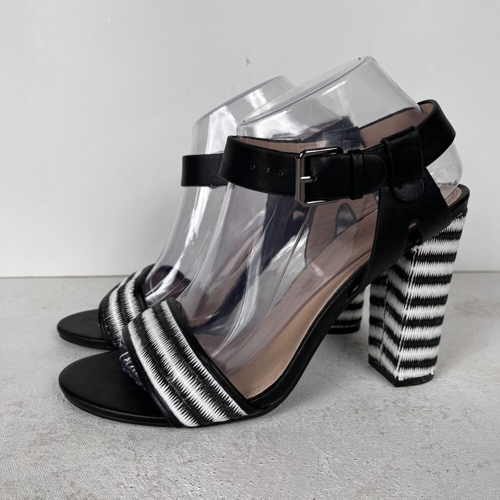 MODERN RUSH‎ Black/White Striped Block Heel Ankle Strap Heels Sz 9